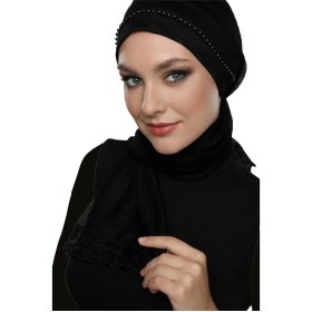 Resim Elysianfidan Incili Tüllü Bağlamalı Tül Kaplamalı Dantelli Inci Işlemeli Siyah Dış Bone Tesettür Abiye Siyah 