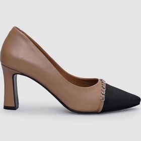 Resim %100 Hakiki Deri Bej Toka Detaylı Kadın Topuklu Ayakkabı Bej 