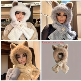 Resim Geliştirilmiş Kalınlaştırılmış Sevimli Kapüşonlu Atkı Şapka, Karikatür Kulaklı Tek Renk Kışlık Peluş Boyun Isıtıcı - 4 Renkte Kadınlar İçin Kabarık Şapka: Anneler Günü, Babalar Günü, Müzik Festivali, Ateş Partisi, Hanuka, Noel, Yılbaşı Hediyesi için Mükemmel, Sıcak ve Rüzgar Geçirmez 