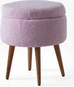 Resim Teddy Ahşap Ayaklı Sandıklı Yuvarlak Puf Makyaj Masası Pufu - Dekoratif Ayak Uzatma Pufu Pembe 
