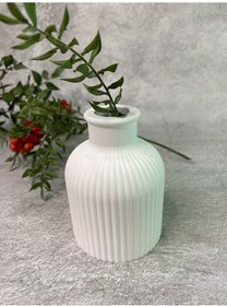 Resim İskandinav Çizgili Dekoratif Pampas Beyaz Beton Vazo 9.5 X 7 Cm 