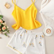 Resim Kadınlar için Zarif Çiçek Desenli Pijama Takımları, Polyester Spagetti Askılı Kolsuz Üst, Baskılı Şortlu, Tüm Mevsimler İçin Rahat Dokuma Gecelik 