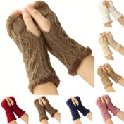 Resim Solid Color Twist Örgü Eldiven Kısa Kadife Kaplı Sıcak Parmaksız Eldivenler Kış Kalın Sıcak Bilek Kapakları 