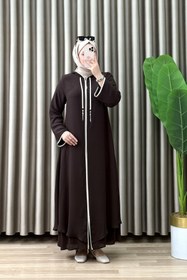 Resim ALYA NURELLA FERACE Krep Şifon Kumaş Kadın Kahverengi Kapüşonlu Şerit Detaylı Tesettür Ferace 
