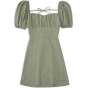 Resim Yaz Kadın Beyaz Pamuklu Elbise Backless Puf Kısa Kollu Bayanlar Sundress Asker Yeşili Haki 