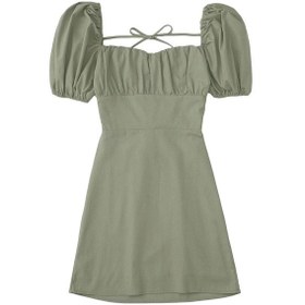 Resim Yaz Kadın Beyaz Pamuklu Elbise Backless Puf Kısa Kollu Bayanlar Sundress Asker Yeşili Haki 