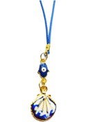 Resim cuaderno Mavi Beyaz Deniz Kabuğu Hamse Nazar Boncuğu Araba Dikiz Ayna Süsü Gold Renk Lüks Hediyelik Aksesuar 