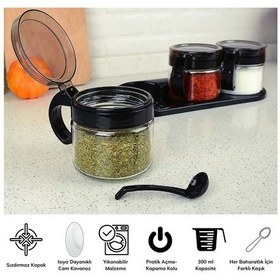 Resim Buradabuldun Siyah 3lü Standlı Kapaklı Kaşıklı Cam Hava Sızdırmaz Baharatlık Takımı Kc-386 Çok Renkli 