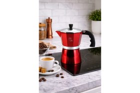 Resim Feyza Design Metallic Line Burgundy Mokapot ve 3 Fincan Seti, Şık ve Kullanışlı 