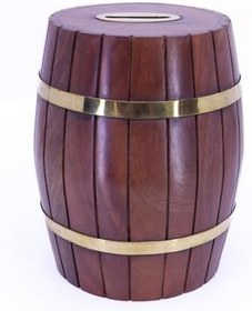 Resim Pirinç - Ahşap Fıçı Kumbara Ofis Masa Dekoru Tip Box Büyük Boy 