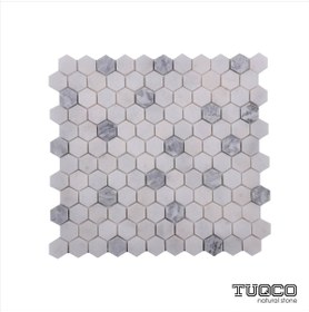 Resim TUQCO Doğaltaş Fileli 1" Hexagon Muğla Beyazı - Gümüş Honlu Mermer Mozaik 