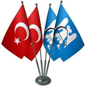 Resim Masa Üstü Selçuklu Devleti Bayrağı Türk Bayrağı Dörtlü Krom Direk 