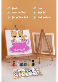 Resim Kupa İçinde Sevimli Kedi Çocuk Boyama Tuvali Şövaleli Boyama Seti 20x20 Cm 