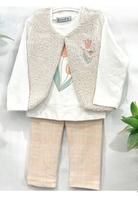 Resim Kız Bebek Peluş Yelekli 3 Lü Pantolonlu Takım-15067 Krem 