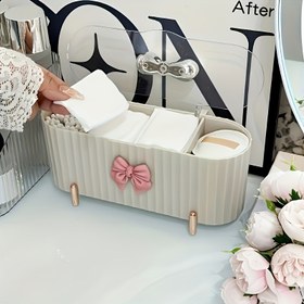 Resim 1 Adet 3 Bölmeli Sevimli Fiyonk Tasarımlı Büyük Kapasiteli Şeffaf Kapaklı Kozmetik Organizatör Kutusu, Makyaj Fırçaları ve Dekoratif Eşyalar İçin, Doğum Günü, Yılbaşı, Noel Hediyesi için İdeal, Makyaj Masası 