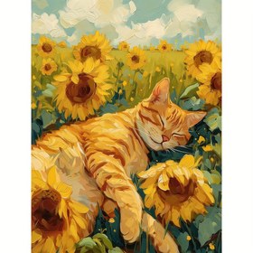 Resim Güneş Çiçeği Bahçesi 5D Elmas Boyama Seti - Büyük Boyut 30x40 cm, Başlangıç Dostu Yuvarlak Taşlı Canlı Kedi ve Ayçiçek Manzarası, Ev Dekoru ve Hediye İçin Mükemmel 