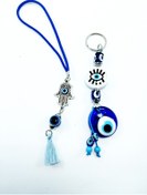 Resim Ennea Art Fatıma Eli/hamse Araba Dikiz Ayna Süsü Nazar Boncuğu Anahtarlık El Yapımı Cam Aksesuar Seti 