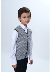 Resim Toontoy Kids Toontoy Erkek Çocuk V Yaka Düğmeli Triko Yelek - Diagonal Desenli Gri 
