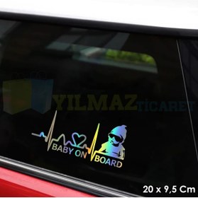 Resim yılmazetic Arabada Bebek Var Kalp Ritim Renkli Hologram Cam Oto Sticker Etiket Çıkartma Yapıştırma 20 X 9,5 Cm 