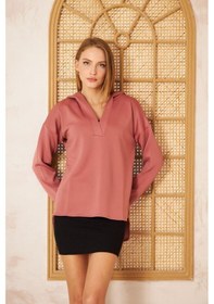 Resim Kadın Scuba Kapüşonlu Arkası Uzun Salaş Rahat Kalıp Sweatshirt 3506230 Gülkurusu 