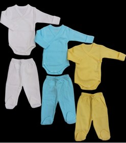 Resim özdemirli bebe Uzun Kollu Kendinden Eldiven Çıtçıtlı Kruvaze Badi Ve Patikli Alt ( 3 Takım Krem-su Yeşili-sarı) 