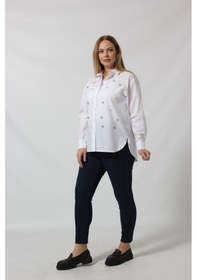 Resim Beyaz Taş İşlemeli Şık Gömlek Beyaz 