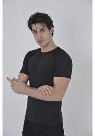 Resim Erkek Omuz Fileli Slim Fit T-shirt - Siyah Siyah 