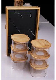 Resim Duo 400ml 6'lı Bambu Siyah Mermer Desen Tepsili Bambu Vakumlu Kapaklı Cam Kahvaltılık Bambu 