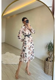 Resim Neşeli Butik Kadın Desenli Gömlek Yaka Midi Elbise Nm011 Bej 
