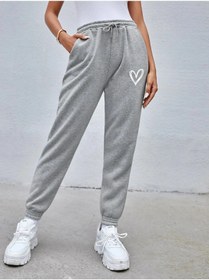 Resim MODARİCH Kalp Jogger Eşofman Altı - Gri, Baskılı, Lastik Paça, Şardonlu, Yüksek Bel 