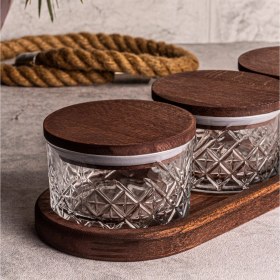 Resim Snippy Milla 5 Parça Tepsili Ahşap Vakumlu Kapaklı Cam Kahvaltılık Çok Amaçlı Cam Çerezlik 230ML 