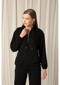 Resim Saklımoda Modal Kumaş Fermuarlı Kadın Siyah Sweatli Takım Çok Renkli 