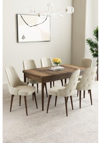 Resim Mabel Barok Desen 80x132 Açılabilir Yemek Odası Takımı 4 Sandalye, 1 Bench Krem 