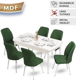 Resim Canisa Mun Serisi, 80x132 Açılabilir Mdf Beyaz Mutfak Masası Takımı, 6 Kahve Sandalye 