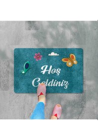 Resim Dijital Baskılı Kapı Önü Paspas Hoşgeldiniz Yazılı Çiçek Desen Ve Tavşan Iç Ve Dış Kapı Yıkanabilir Bebe Mavisi 