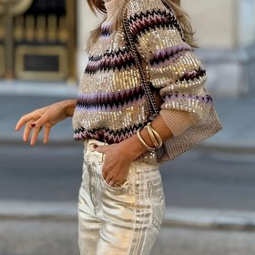 Resim Kadın Şık Payetli Kazak - Uzun Kollu Yuvarlak Yaka, Parlak Simli Efektli, Tüm Sezonluk Resmi ve Günlük Kazak, Partiler, Ofis İçin 