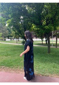 Resim Mavi Denizci Desenli Siyah Salaş Kimono Kaftan Standart Mavi 
