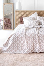 Resim İskandinav Yatak Örtüsü Seti Çift Kişilik Set Bohem Punch Panç Desen Elda Bej Renkli 