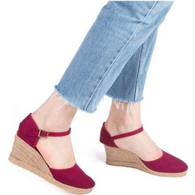 Resim Gerçek Elişi Bilekten Bantlı Topuğu Açık Keten Espadril Dolgu Topuk Handmade Bordo 
