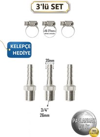 Resim Paslanmaz Hortum Rekoru - 3/4inç Rekor + Kelepçe 3'lü Set - Krom Çelik Hortum Ucu - 304 Kalite 3/4'' 