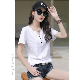 Resim Bol Büyük Beden Pamuklu V Yaka Düğmeli Kısa Kollu Tişört Ordu Yeşili 