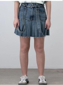 Resim Kız Çocuk Askılı Pileli Tasarım Denim Etek-15535 Mavi 
