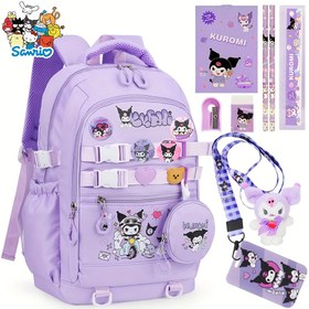Resim Sanrio Kuromi Temalı Sırt Çantası, Omuz Çantası ve Kırtasiye Seti, Bozuk Para Cüzdanı, Kartlar ve Rozetler 