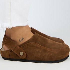 Resim Lina Kadın Hakiki Deri Düz Arkadan Bantlı Sabo Terlik-10490 Taba 