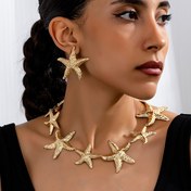 Resim Kadınlar için Altın Tonlu Yıldız Balığı Kolye ve Küpeler Seti - Boho Chic 3 Parça Okyanus İlhamlı Metal Yıldız Balığı Takı Seti - Günlük Kullanım ve Tatil için İdeal 
