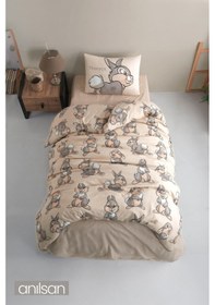 Resim Sevimli Tavşan Desenli Baskılı Çocuk Nevresim Takımı Tek Kişilik Yumuşak Pamuklu Kumaş Kahve 