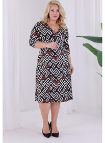 Resim Kadın Siyah Beyaz Geometrik Desen Kruvaze Yaka Beli Lastikli Büyük Beden Elbise Siyah - Beyaz 