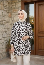 Resim Kirazca Butik Kadın Desenli Standart Beden Düğmeli Tesettür Tunik 