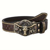 Resim Kadın Batı Kovboy Kemeri - Bohem Tarzı 3D Longhorn Alaşımlı Toka ile Altın Ton & Siyah Dikiş, PU Deri & Çinko Alaşım, Günlük Kullanım için Standart Boyut 