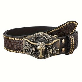 Resim Kadın Batı Kovboy Kemeri - Bohem Tarzı 3D Longhorn Alaşımlı Toka ile Altın Ton & Siyah Dikiş, PU Deri & Çinko Alaşım, Günlük Kullanım için Standart Boyut 